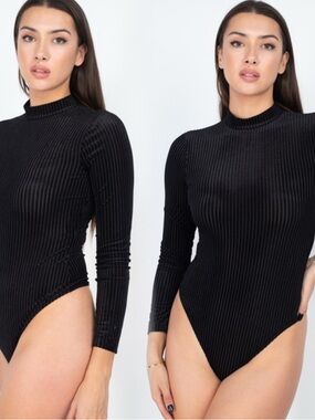 Iris Basic Black Ribbed Long-Sleeve Mock Neck Bodysuit